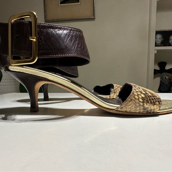 Bettye Muller Open Toe Sandals Size 37, Snake Pattern, Brown and Gold Buckle - Picture 5 of 12